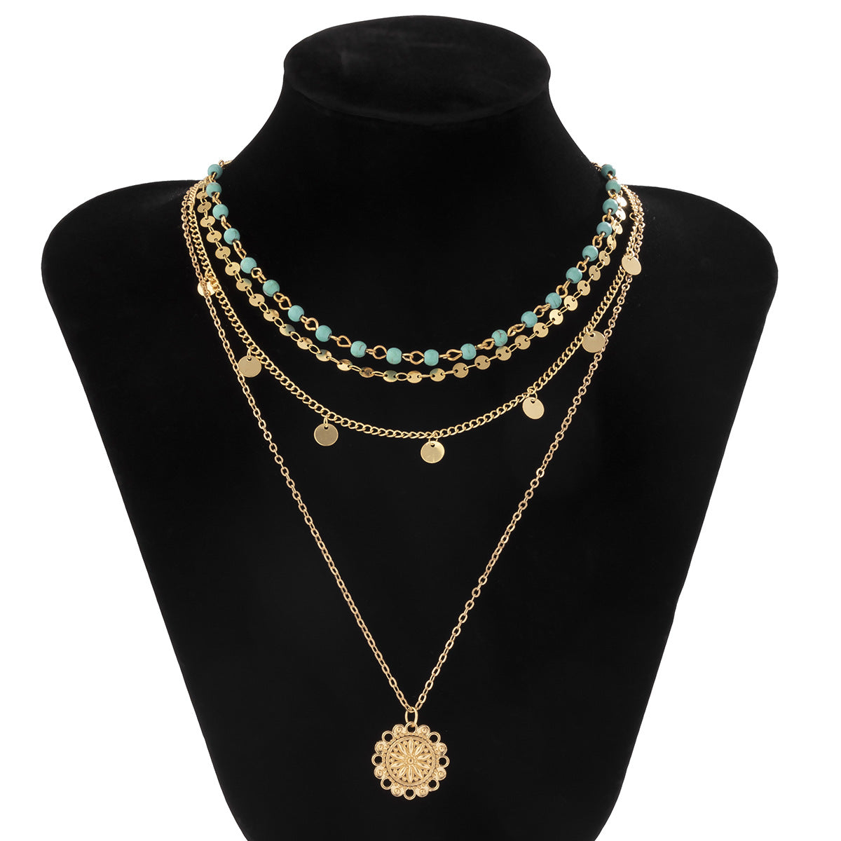 MULTI LAYERED SEQUIN FLOWER DISC TASSEL STACKING NECKLACE SET