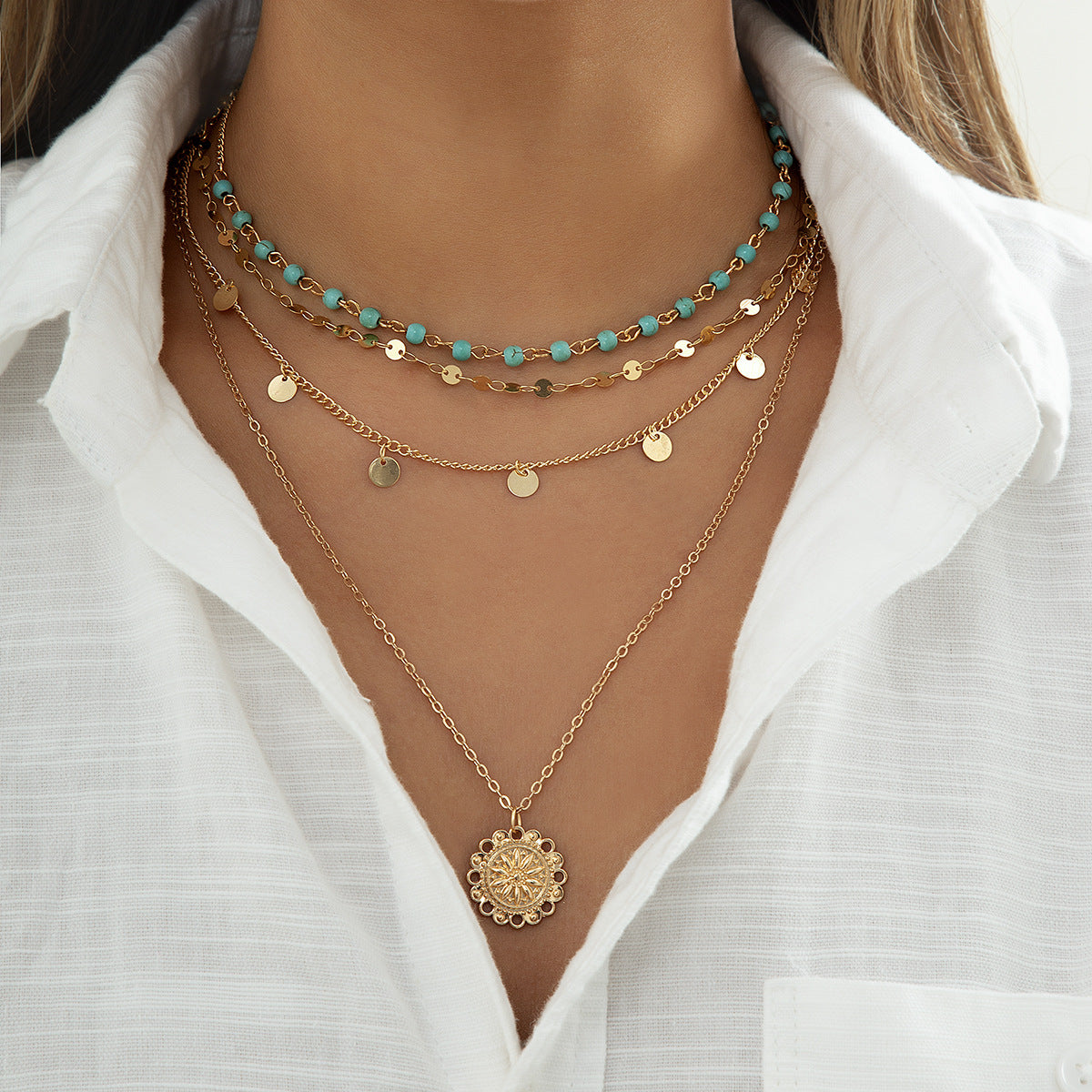 MULTI LAYERED SEQUIN FLOWER DISC TASSEL STACKING NECKLACE SET